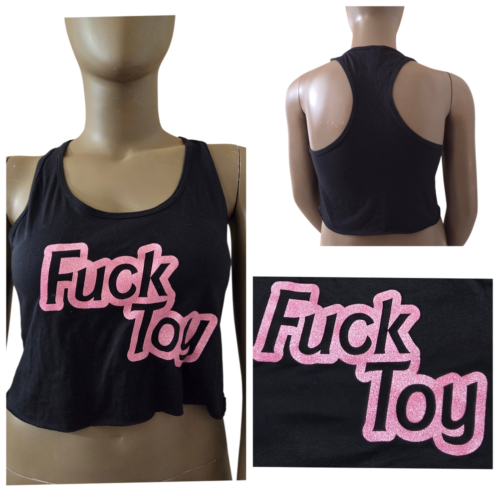 IDEAL By NEXT LEVEL F*ck Toy Racerback Crop Top XXL Black Pink Glitter NEW